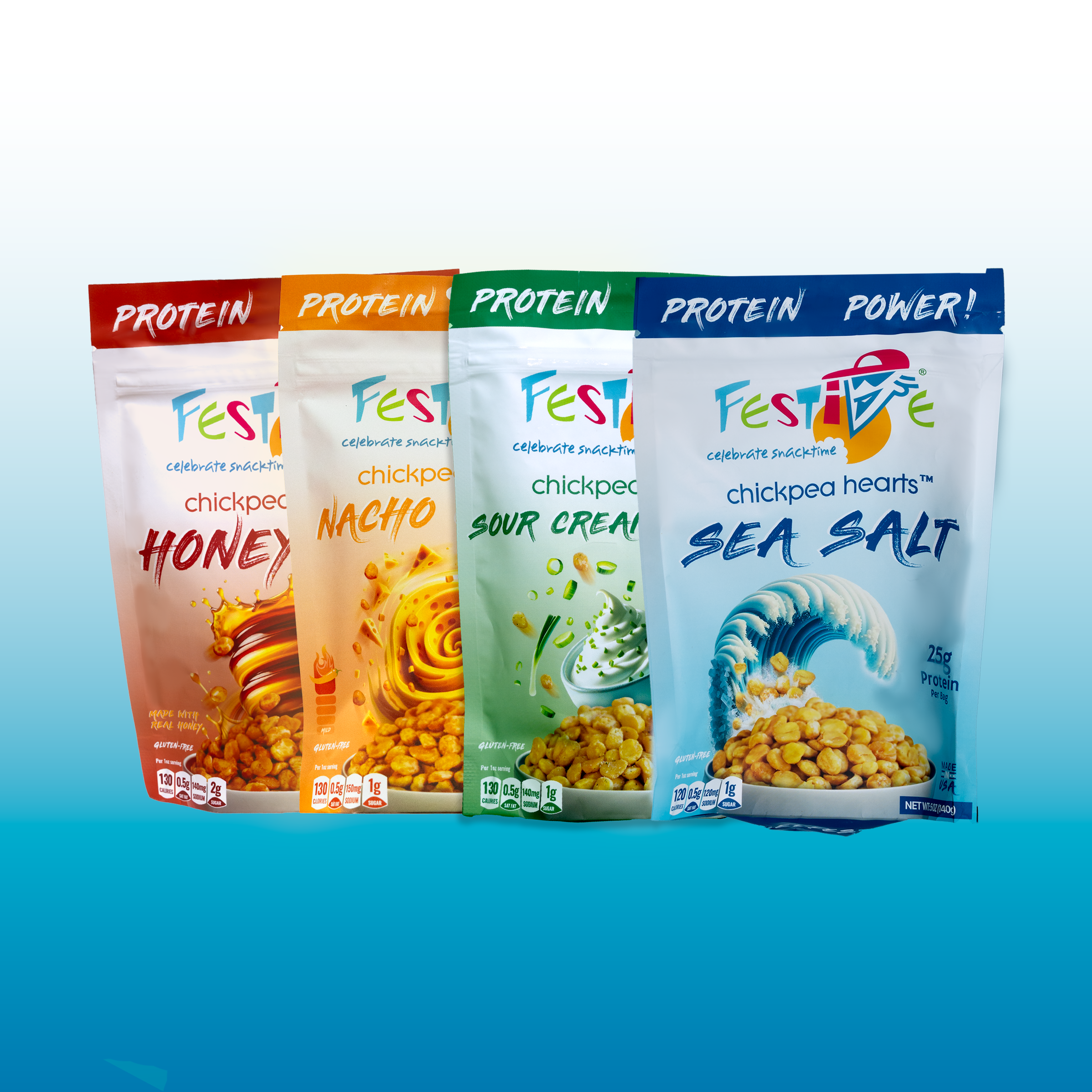 Four packages of Festive chickpea snacks with different flavors on a blue background
