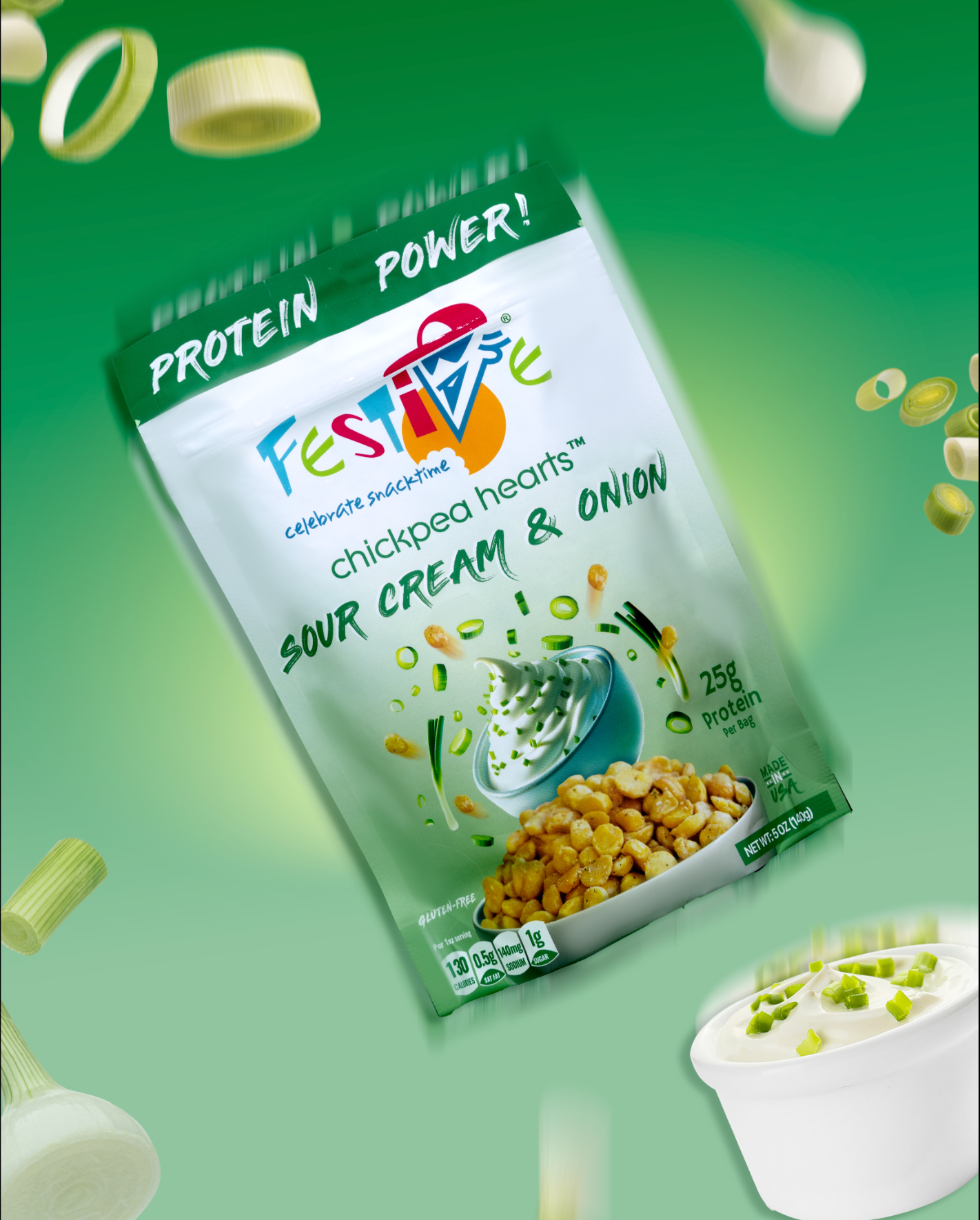 Festive Protein Power chickpea hearts package on a green background with chickpeas and sour cream.