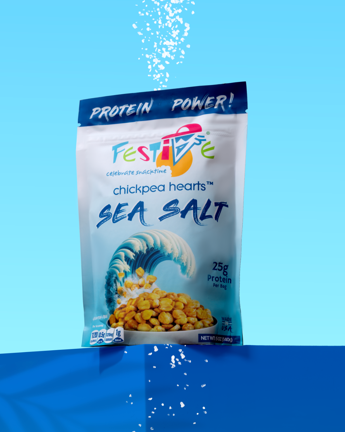 Package of Festive Chickpea Hearts Sea Salt on a blue background