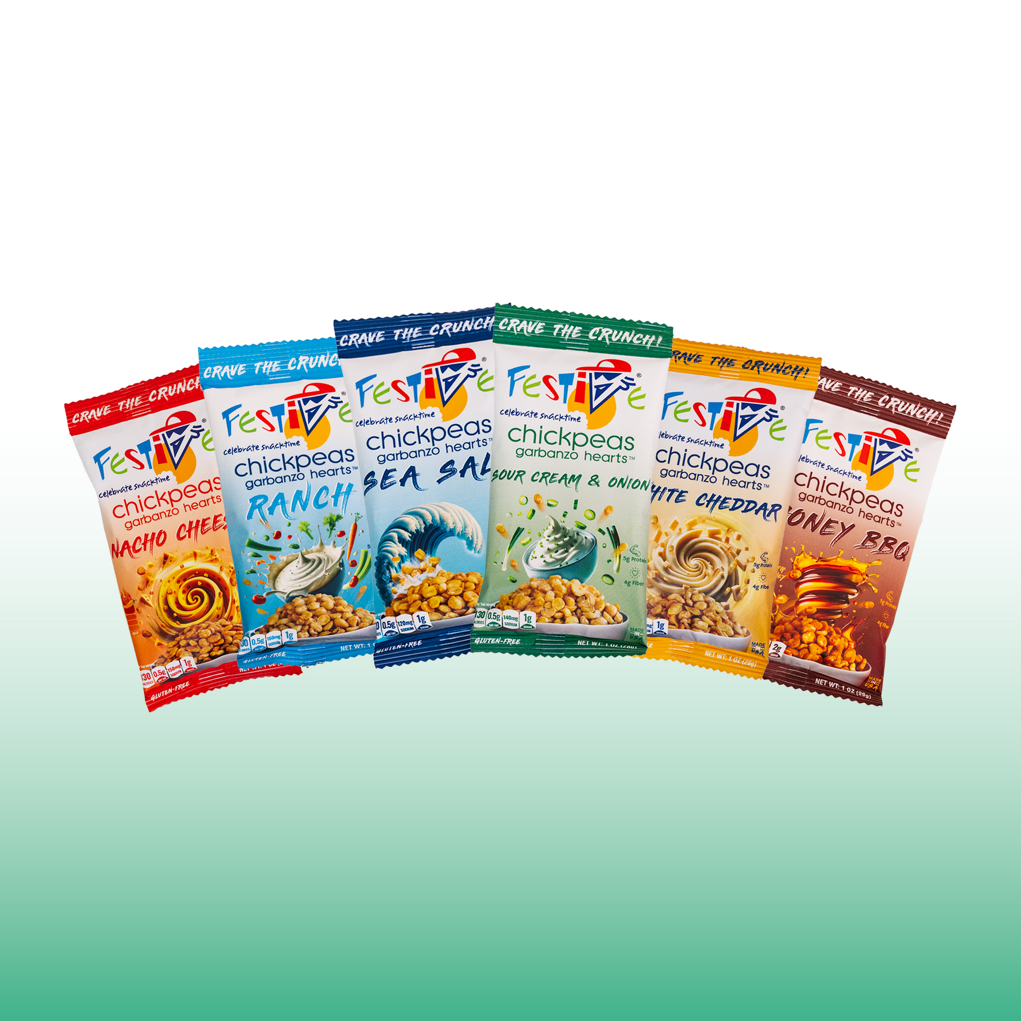 Assorted packages of Festive Chickpeas on a gradient background