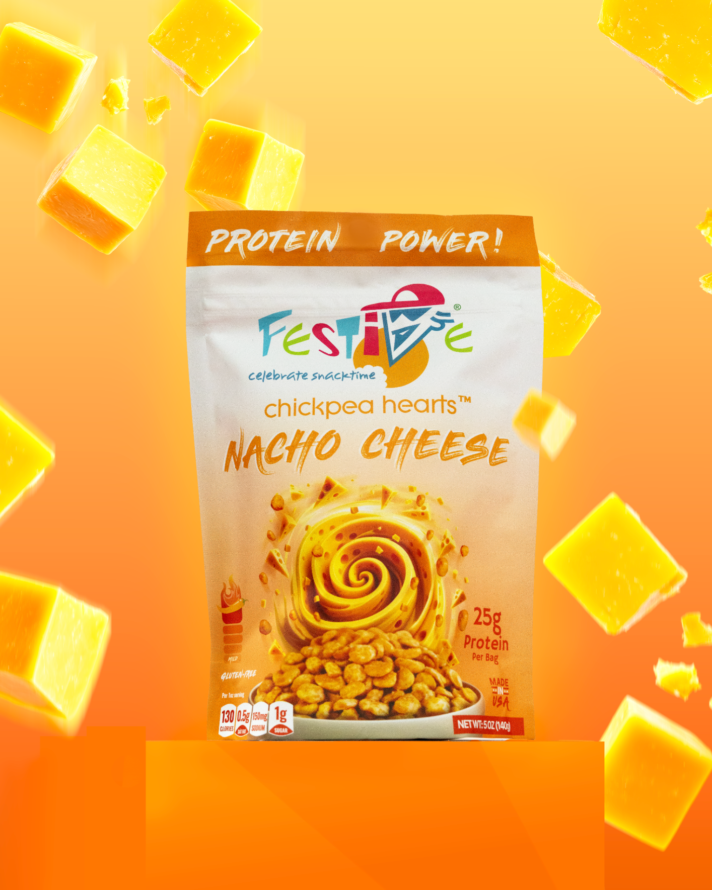 Festivite chickpea hearts nacho cheese snack package on an orange background with cheese cubes.