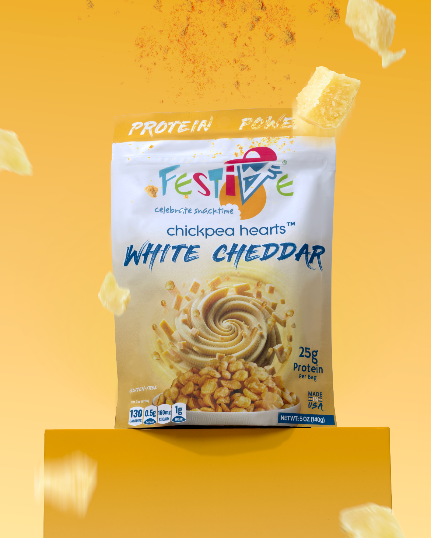 Packaged food product with 'Festive' branding on a yellow background