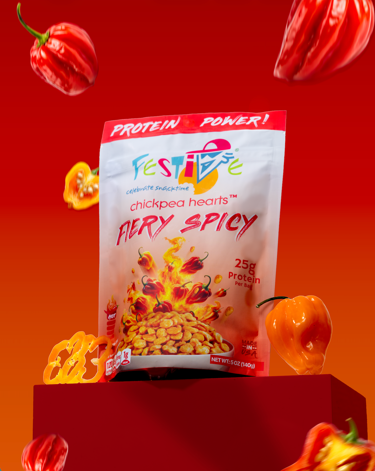 Package of Festive Fiery Spicy chickpea hearts with peppers on a red background