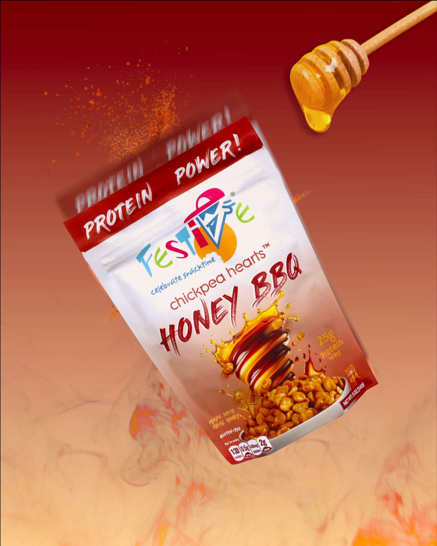 Package of Festives chickpea hearts honey BBQ flavor with a honey drizzle on a gradient background