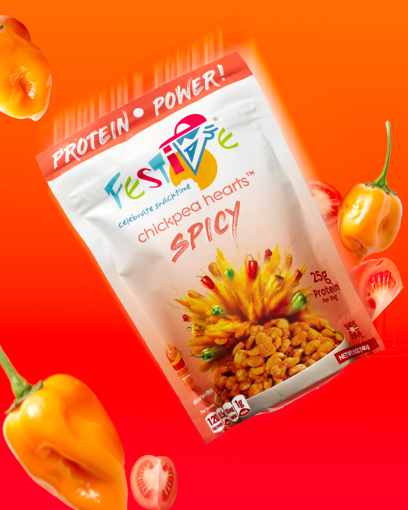 Package of spicy chickpea hearts with peppers on an orange background