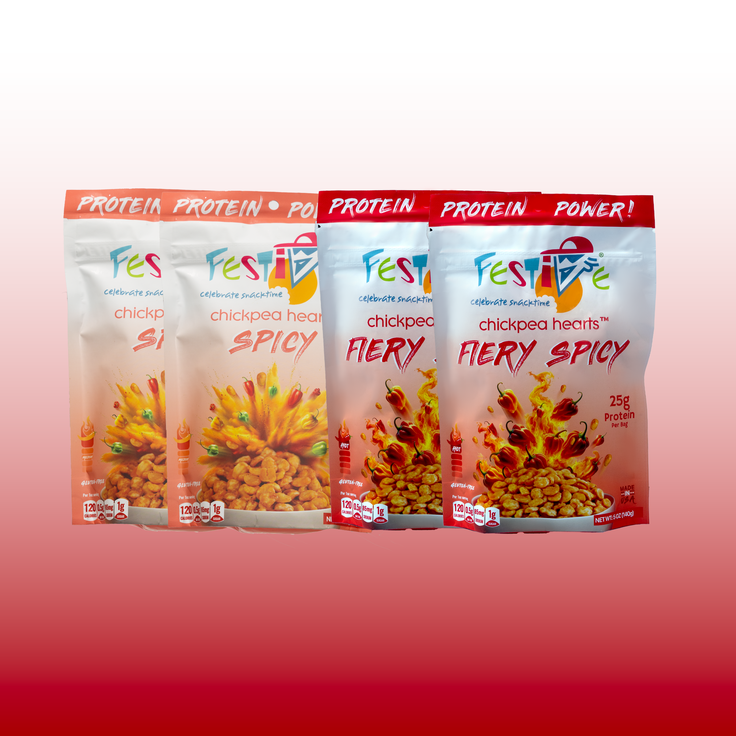 Four packages of Festive spicy chickpea hearts on a red background