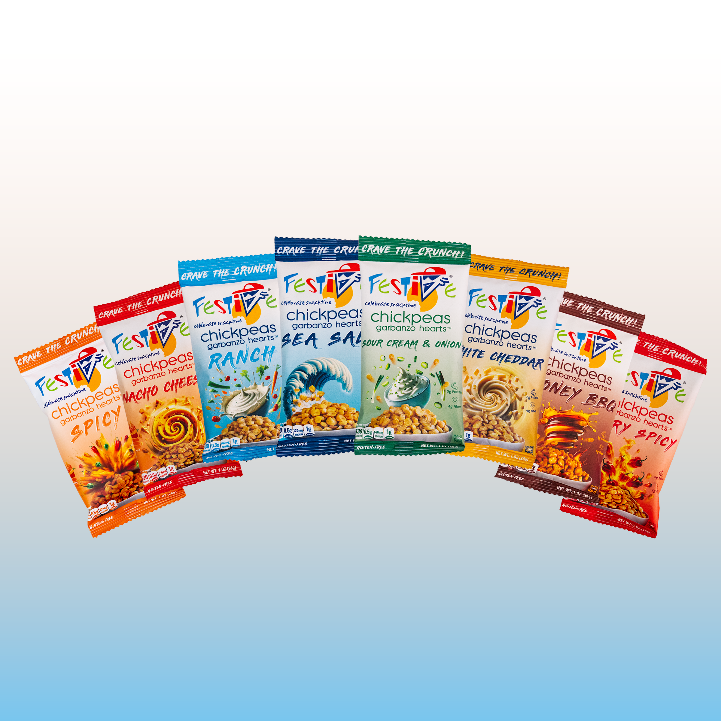 Assorted packages of Festive Chickpea Crunch snacks on a gradient background